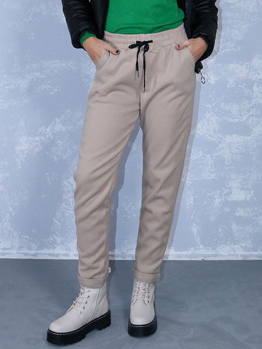 Παντελόνι φόρμα βελουτέ εκρού με ρεβέρ