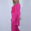 Σετ πλισέ παντελόνα και ζακέτα μακριά φούξια