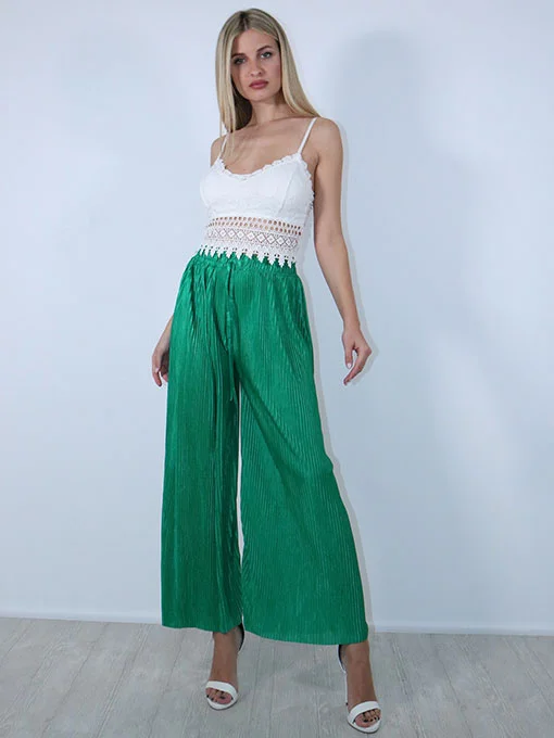 Ζιπ κιλότ πράσινο πλισέ σατέν με λάστιχο