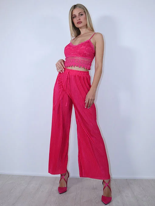 Ζιπ κιλότ φούξια πλισέ σατέν με λάστιχο