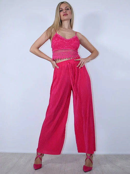 Ζιπ κιλότ φούξια πλισέ σατέν με λάστιχο