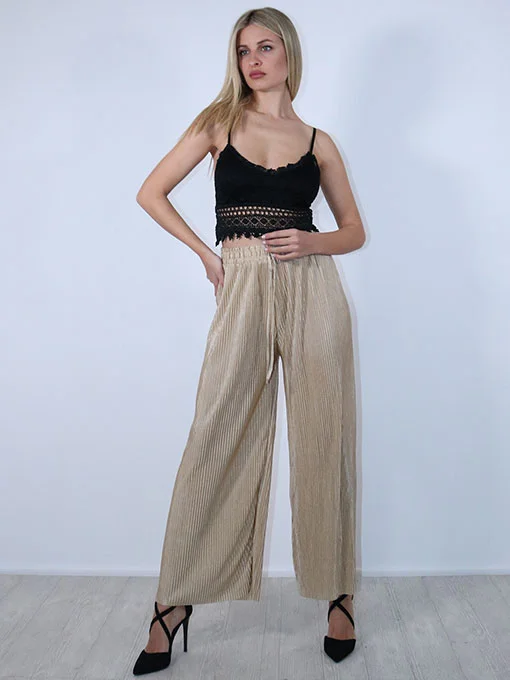 Ζιπ κιλότ μπεζ πλισέ σατέν με λάστιχο