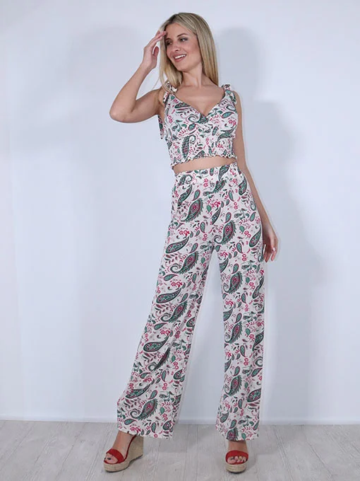 Σετ crop top με παντελόνα εκρού με λάστιχο