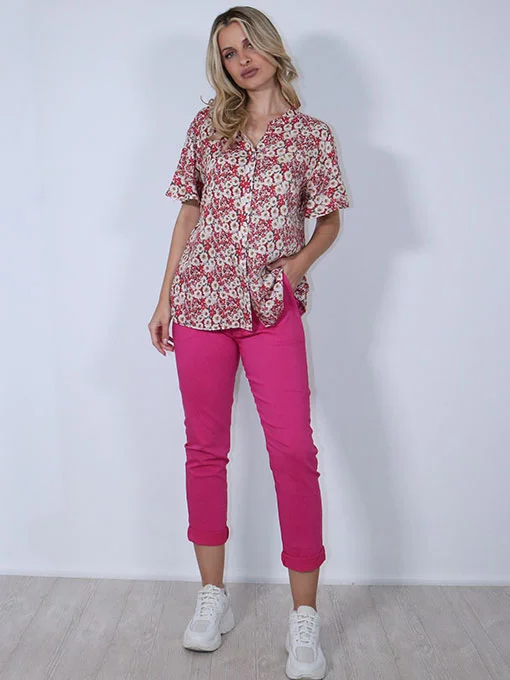 Πουκάμισο floral φούξια με κοντό μανίκι