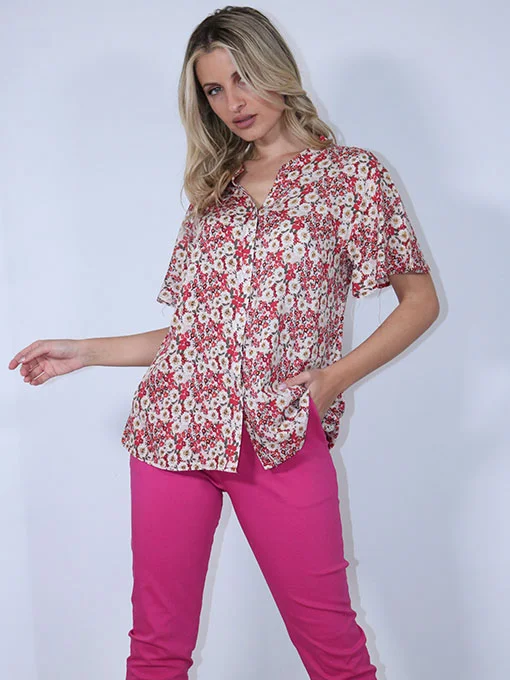 Πουκάμισο floral φούξια με κοντό μανίκι