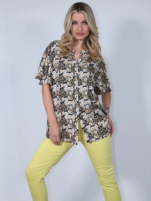 Πουκάμισο floral μπλε με κοντό μανίκι