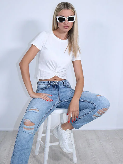 Crop top ριπ λευκό κοντομάνικο