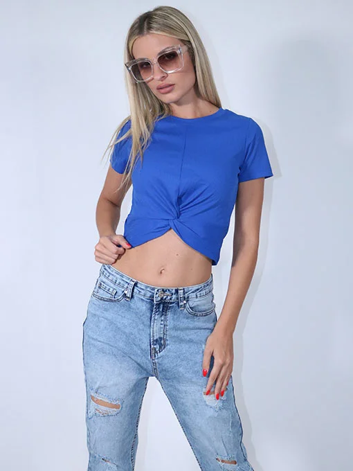Crop top ριπ μπλε ρουά κοντομάνικο