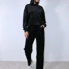 Σετ βελούδο μαύρο παντελόνα και μπλούζα με κουκούλα