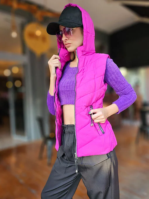 Μπουφάν αμάνικο φουσκωτό ματζέντα με αποσπώμενη κουκούλα