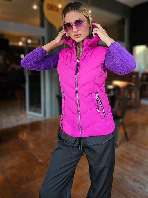 Μπουφάν αμάνικο φουσκωτό ματζέντα με αποσπώμενη κουκούλα