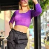 Μπλουζάκι crop πλεκτό χνούδι μωβ