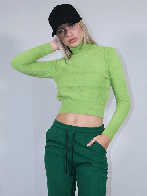 Μπλουζάκι crop πλεκτό λαχανί χνούδι ζιβάγκο