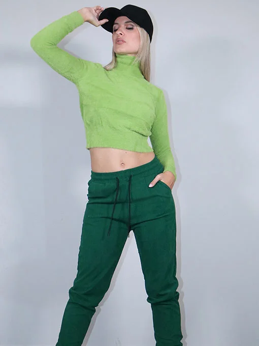 Μπλουζάκι crop πλεκτό λαχανί χνούδι ζιβάγκο