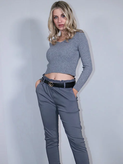 Μπλουζάκι crop πλεκτό γκρι με Ve ελαστικό