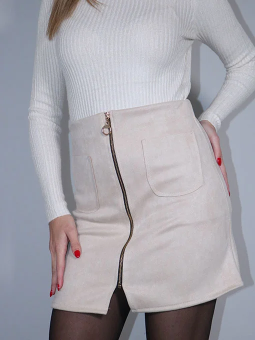 Φούστα αλκαντάρα με χρυσό φερμουάρ και τσεπάκια