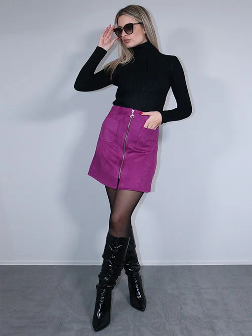 Φούστα αλκαντάρα με χρυσό φερμουάρ και τσεπάκια