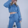 Σετ φόρμα γαλάζιο φούτερ μπλούζα crop και παντελόνι