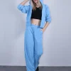 Σετ φόρμα κοτλέ γαλάζιο ζακέτα με φερμουάρ και παντελόνι