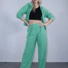 Σετ φόρμα κοτλέ λαχανί ζακέτα με φερμουάρ και παντελόνι 