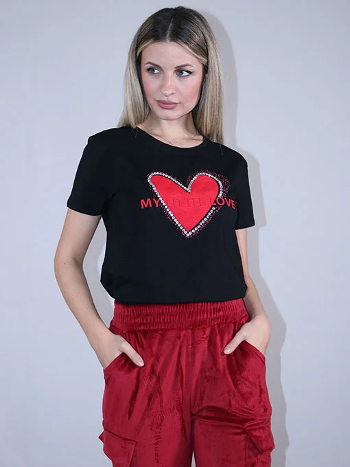T-shirt με κοτλέ στάμπα καρδιά και strass