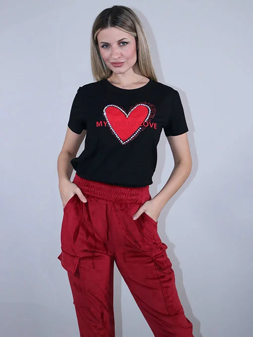 T-shirt με κοτλέ στάμπα καρδιά και strass