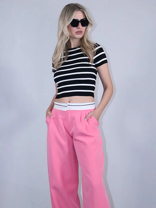 Crop top ριγέ πλεκτό ελαστικό κοντομάνικο