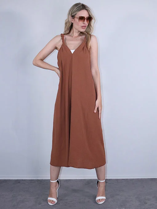 Φόρεμα μίντι φαρδύ καφέ με στριφτές τιράντες