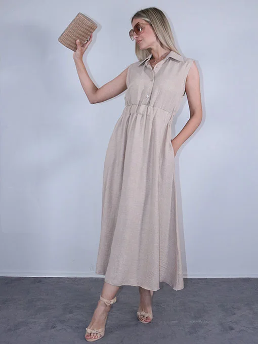 Φόρεμα τύπου λινό μπεζ με κουμπάκια