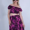 Σετ φούστα μακριά με βολάν ματζέντα και crop top