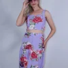 Σετ floral μωβ φούστα μακριά με βολάν και μπούστο