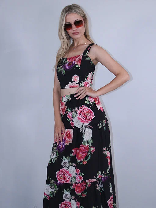 Σετ floral μαύρο φούστα μακριά με βολάν και μπούστο