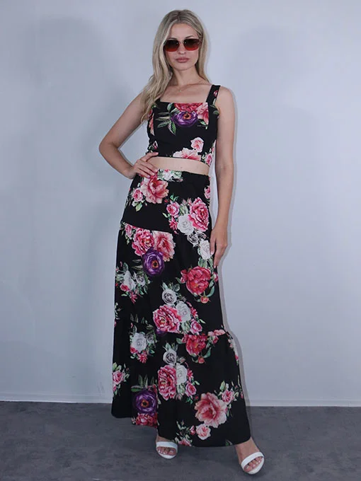 Σετ floral μαύρο φούστα μακριά με βολάν και μπούστο