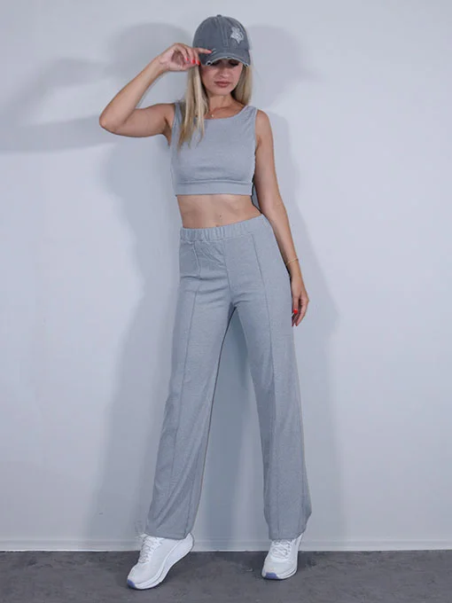 Σετ ριπ ελαστικό γκρι παντελόνι και crop top