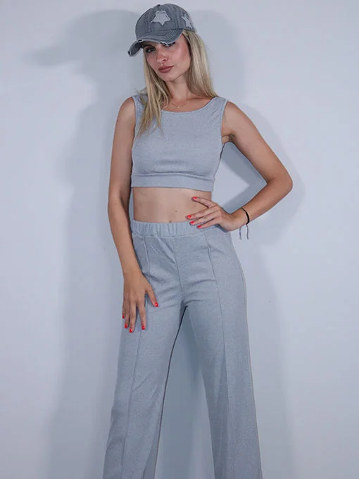 Σετ ριπ ελαστικό γκρι παντελόνι και crop top
