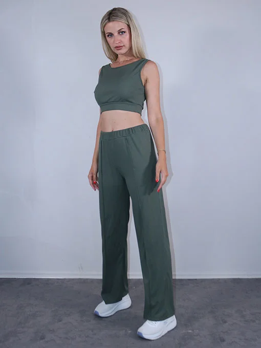 Σετ ριπ ελαστικό χακί παντελόνι και crop top