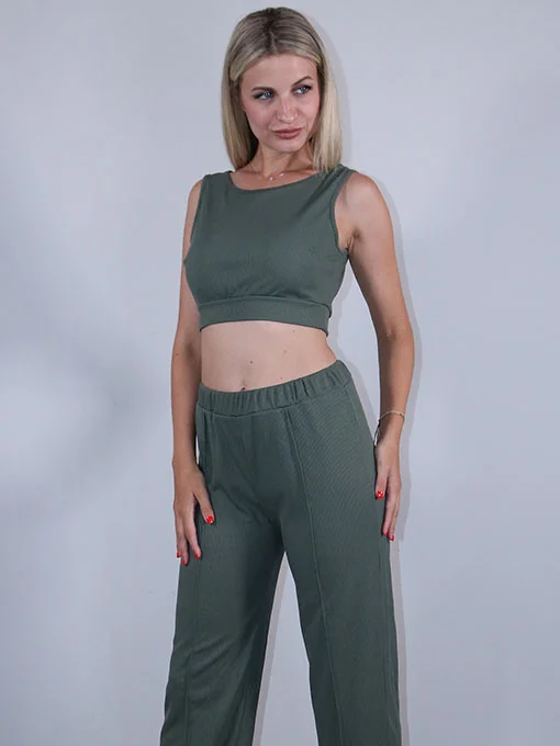 Σετ ριπ ελαστικό χακί παντελόνι και crop top