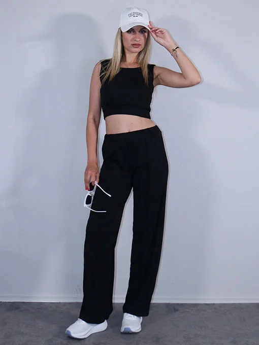 Σετ ριπ ελαστικό μαύρο παντελόνι και crop top