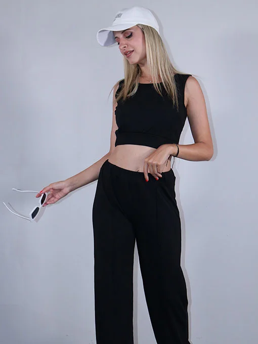 Σετ ριπ ελαστικό μαύρο παντελόνι και crop top