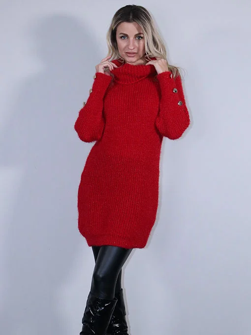 Μπλουζοφόρεμα πλεκτό μπορντό με χρυσά κουμπιά στα μανίκια