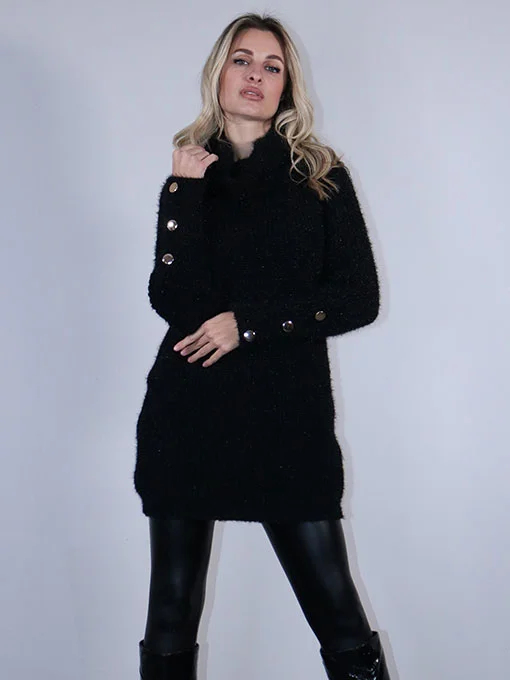 Μπλουζοφόρεμα πλεκτό μαύρη με χρυσά κουμπιά στα μανίκια