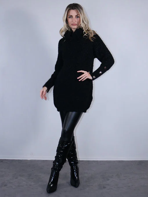 Μπλουζοφόρεμα πλεκτό μαύρη με χρυσά κουμπιά στα μανίκια