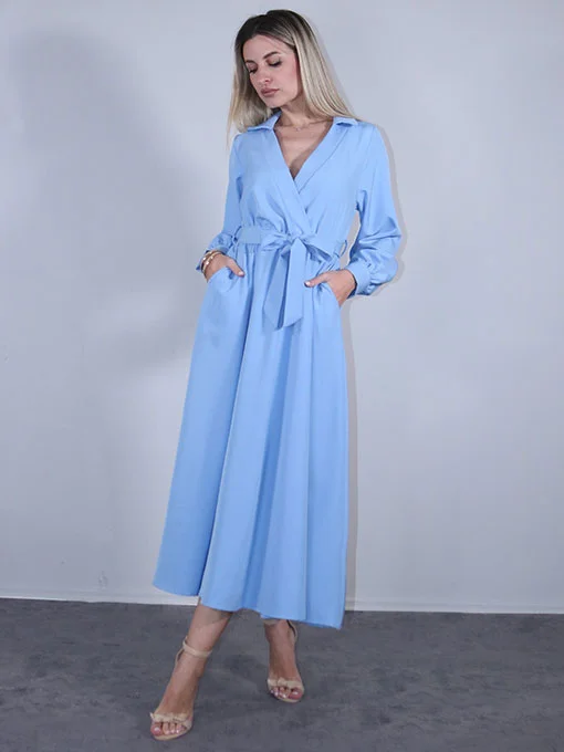 Φόρεμα γαλάζιο κρουαζέ με γιακά