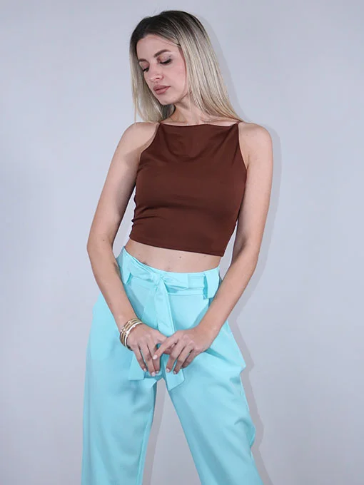 Crop top καφέ με ίσιο λαιμό
