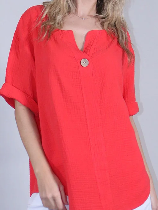 Μπλούζα βαμβακερή πικέ κοραλί με ξύλινο κουμπάκι