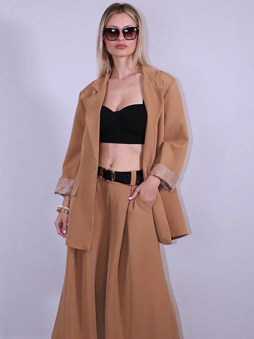 Σετ κοστούμι κάμελ oversize παντελόνα φαρδιά και σακάκι 