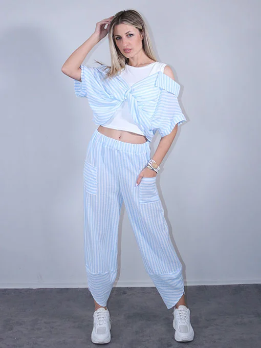 Σαλβάρι ριγέ γαλάζιο φαρδύ με τσέπες