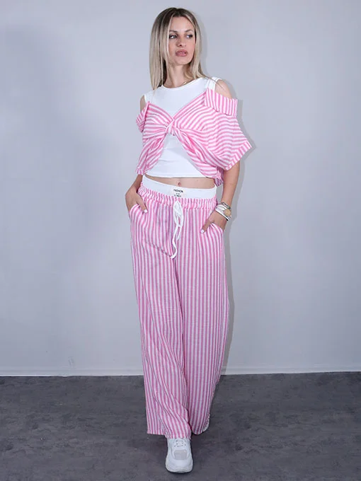 Παντελόνι ριγέ ροζ με ριπ λάστιχο στην μέση