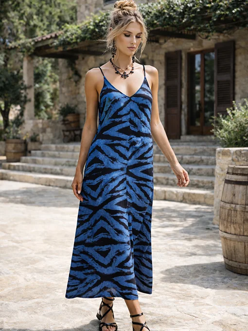 Φόρεμα βισκόζ μακρύ ζακάρ με ve 