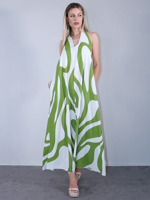 Φόρεμα maxi εμπριμέ λαδί με ανοιχτή πλάτη 